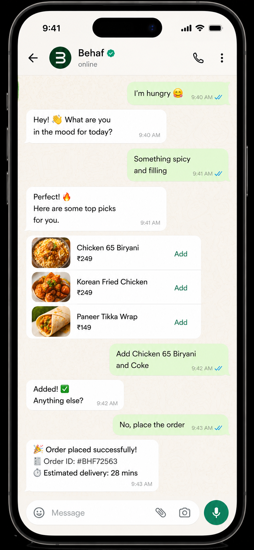 iPhone mockup showing a Behaf WhatsApp conversation with food recommendations and order confirmation